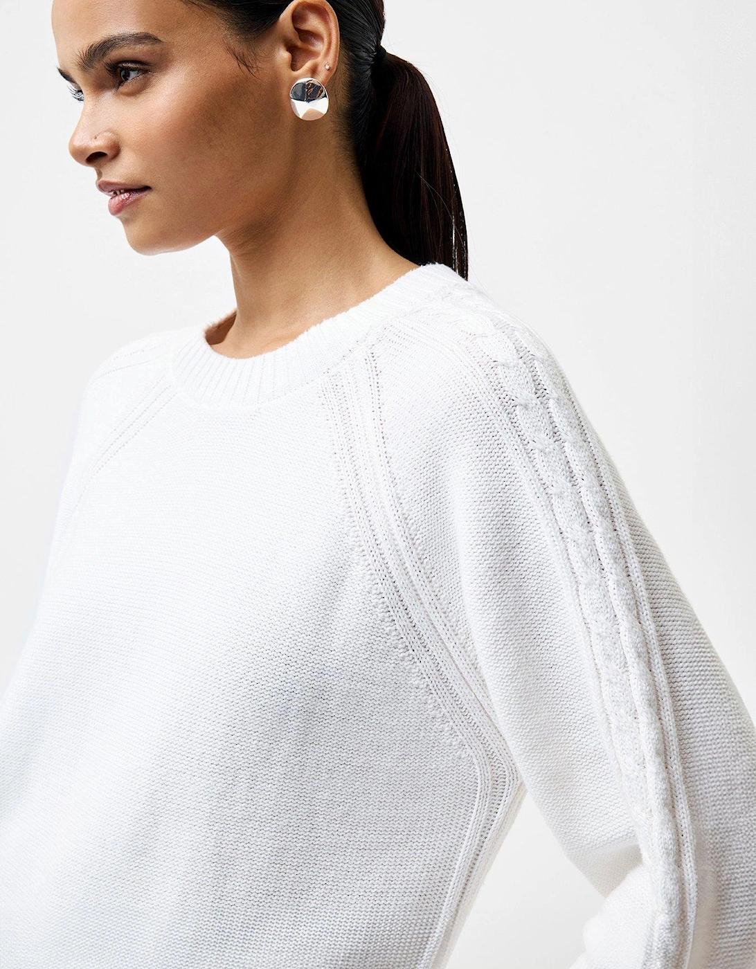 Cable Knit Braided Long Balloon Sleeve Crew Neck Jumper - White