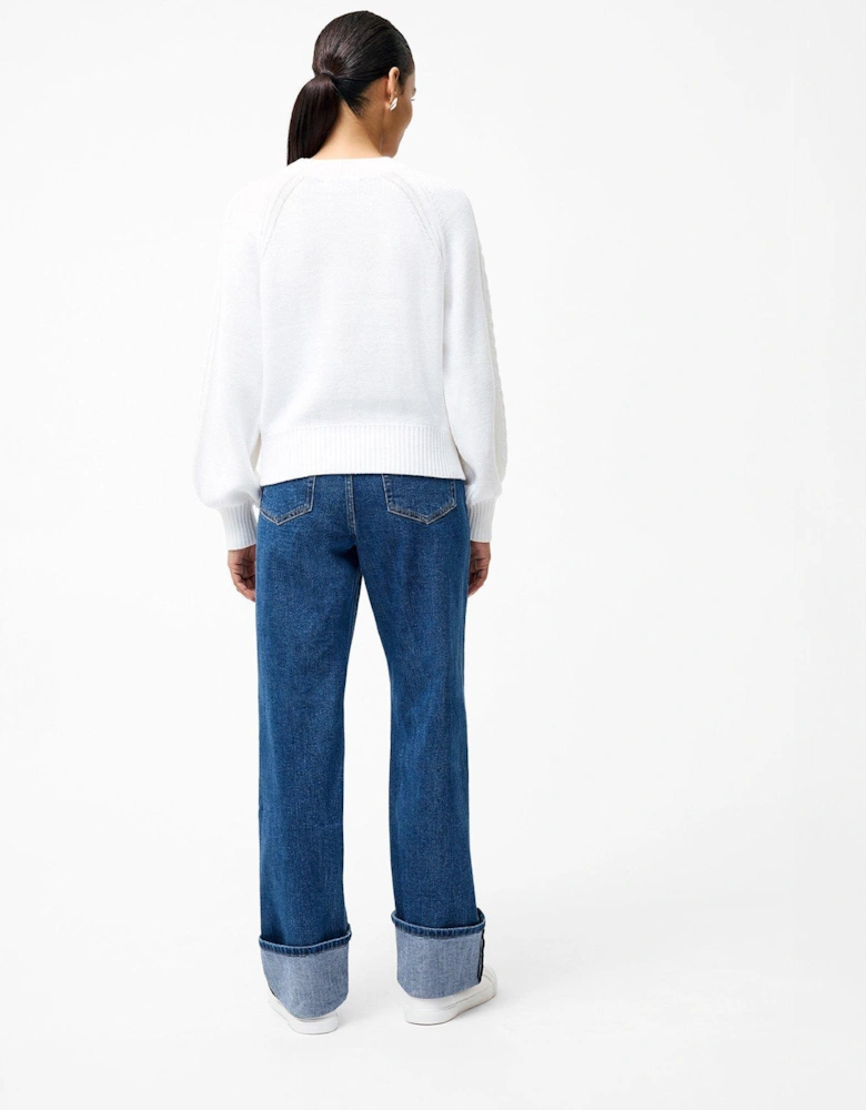 Cable Knit Braided Long Balloon Sleeve Crew Neck Jumper - White