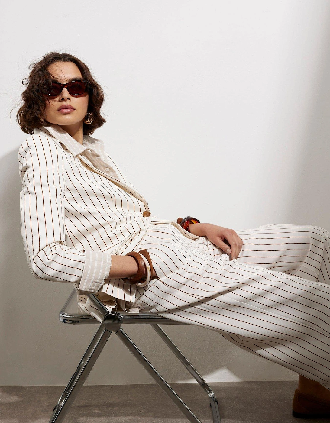 Stripe Belted Wide Leg Trouser - White