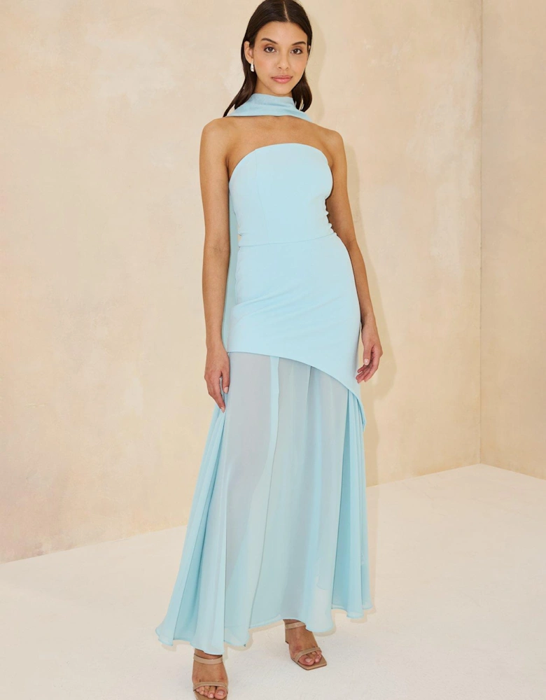 Bandeau Dress with Neck Scarf - Blue