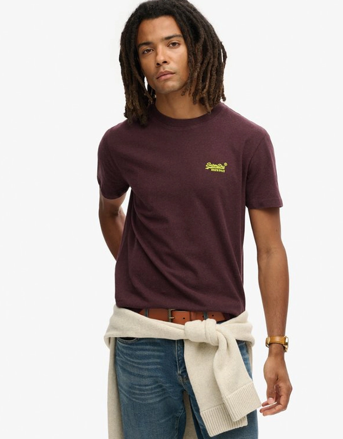 Men's Essential Logo Embroidered Tee Tawny Port Marl/Fluro Yellow, 7 of 6
