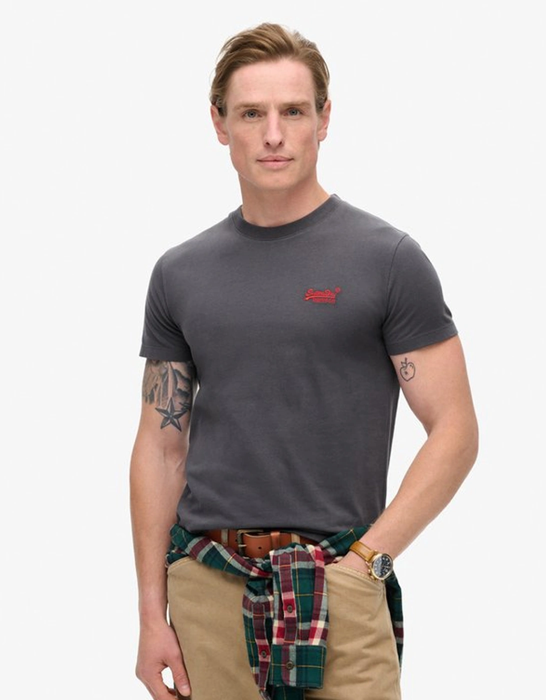 Men's Essential Logo Embroidered Tee Graphite Black/Fluro Red, 7 of 6