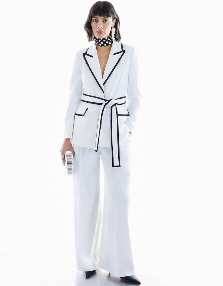 Contrast Piping Belted Blazer - White