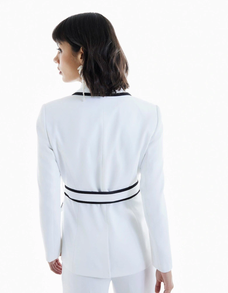 Contrast Piping Belted Blazer - White