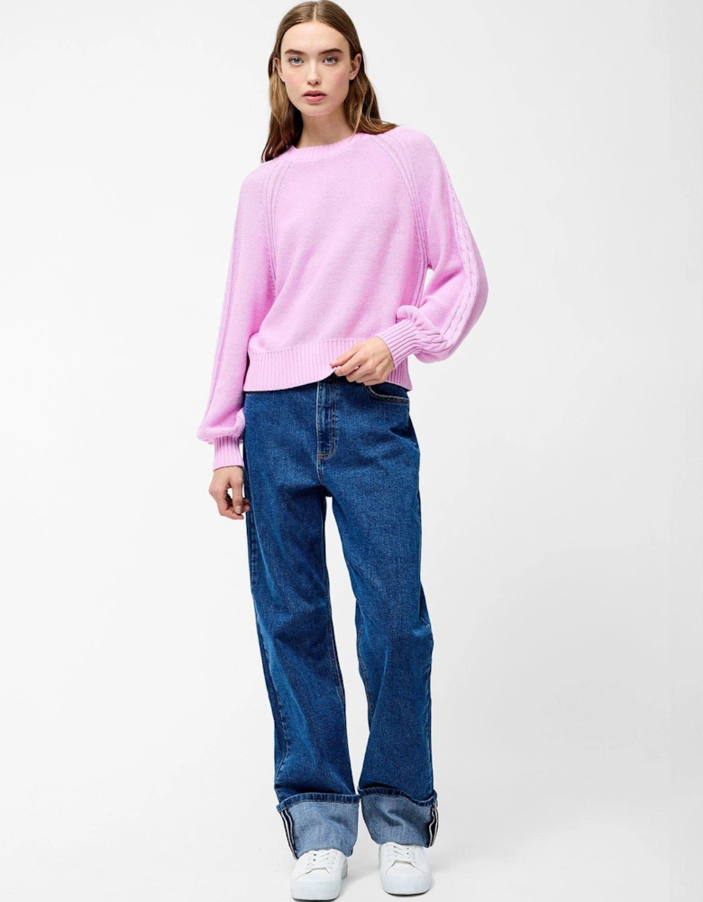 Cable Knit Braided Long Balloon Sleeve Crew Neck Jumper - Pink