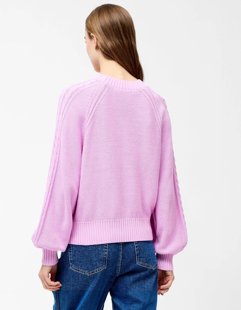 Cable Knit Braided Long Balloon Sleeve Crew Neck Jumper - Pink