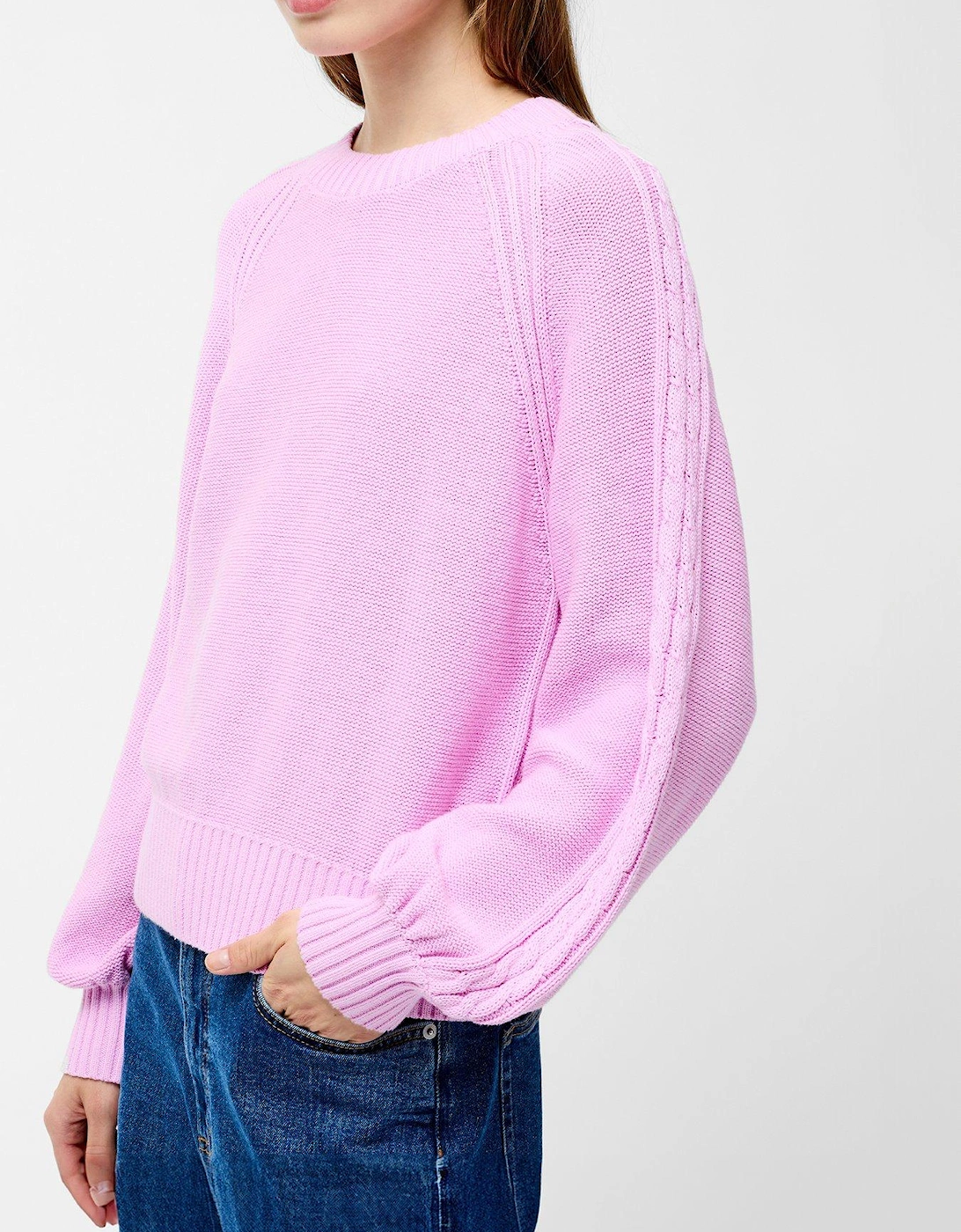 Cable Knit Braided Long Balloon Sleeve Crew Neck Jumper - Pink