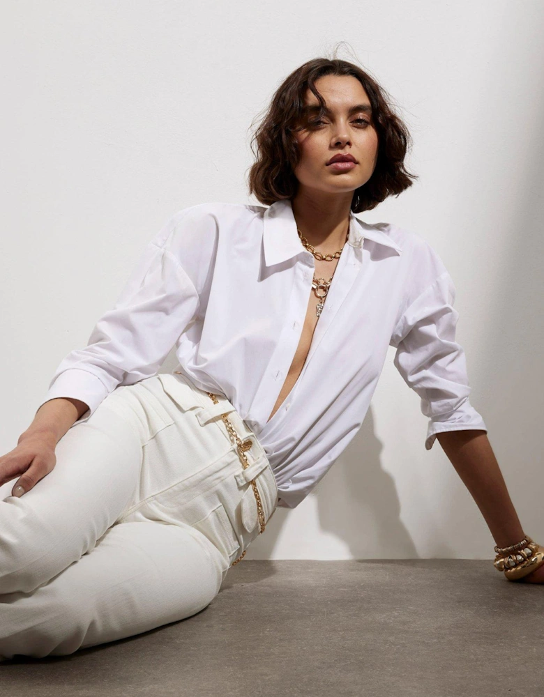 Gold Belted High Waist Flared Jean - White