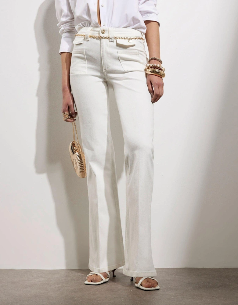 Gold Belted High Waist Flared Jean - White