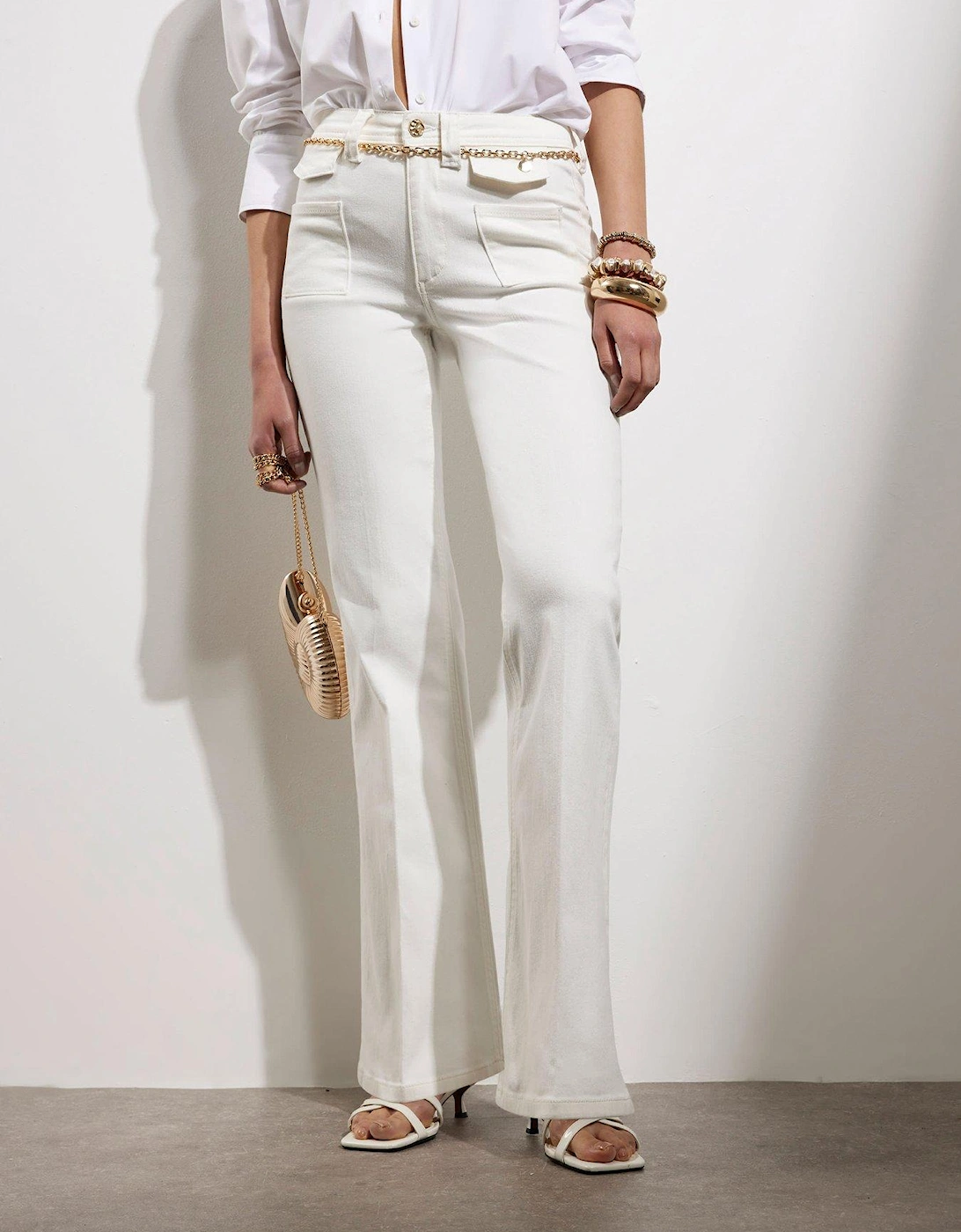 Gold Belted High Waist Flared Jean - White