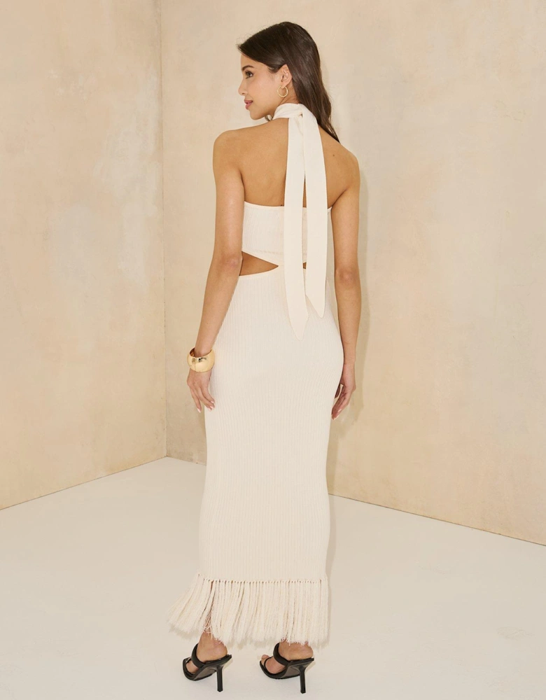 Knitted Cut Out Tassel Hem Dress - Cream