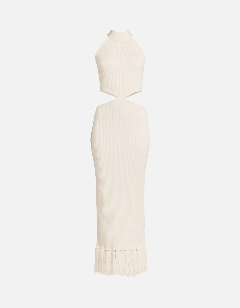 Knitted Cut Out Tassel Hem Dress - Cream
