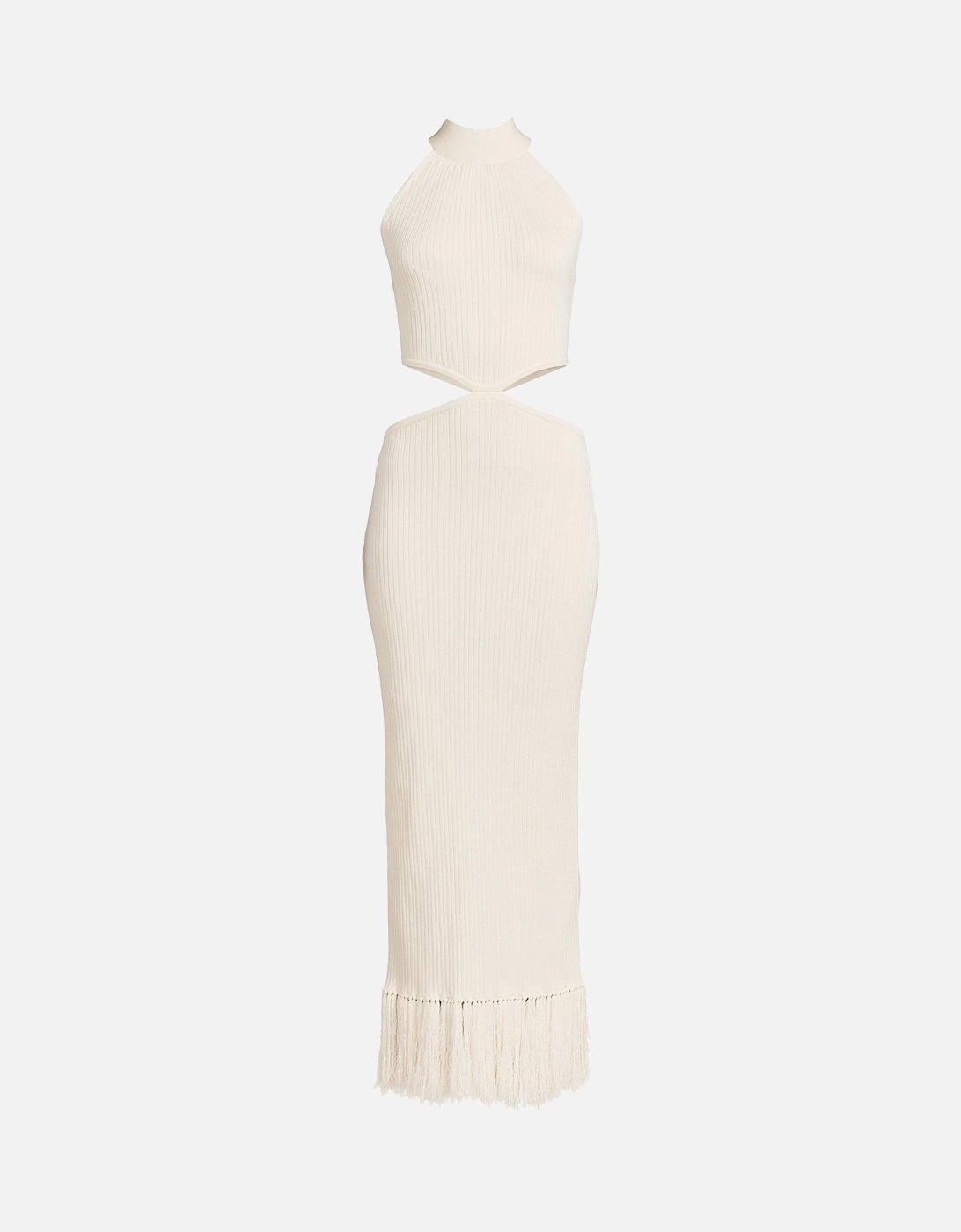 Knitted Cut Out Tassel Hem Dress - Cream