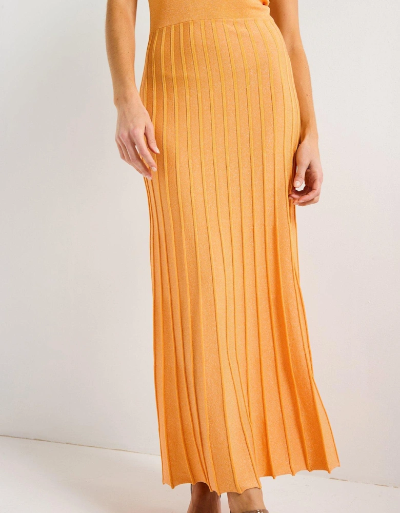 Orange Knitted Shimmer Pleat Dress - Orange