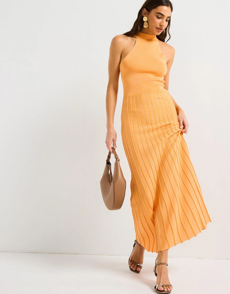 Orange Knitted Shimmer Pleat Dress - Orange