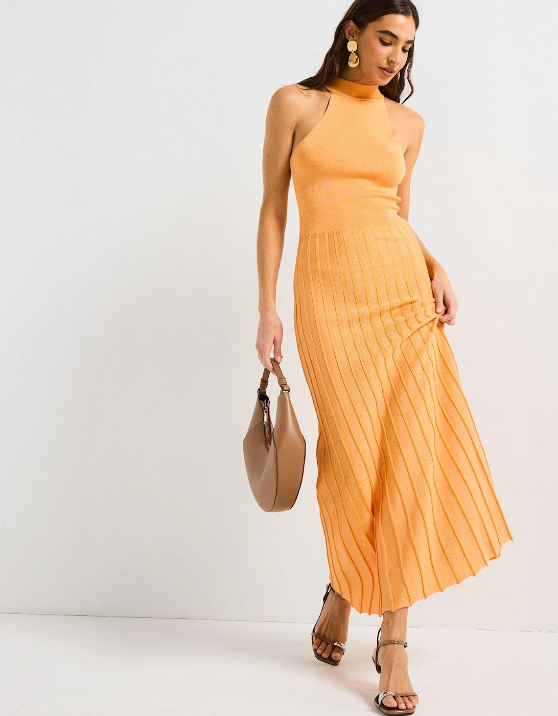 Orange Knitted Shimmer Pleat Dress - Orange