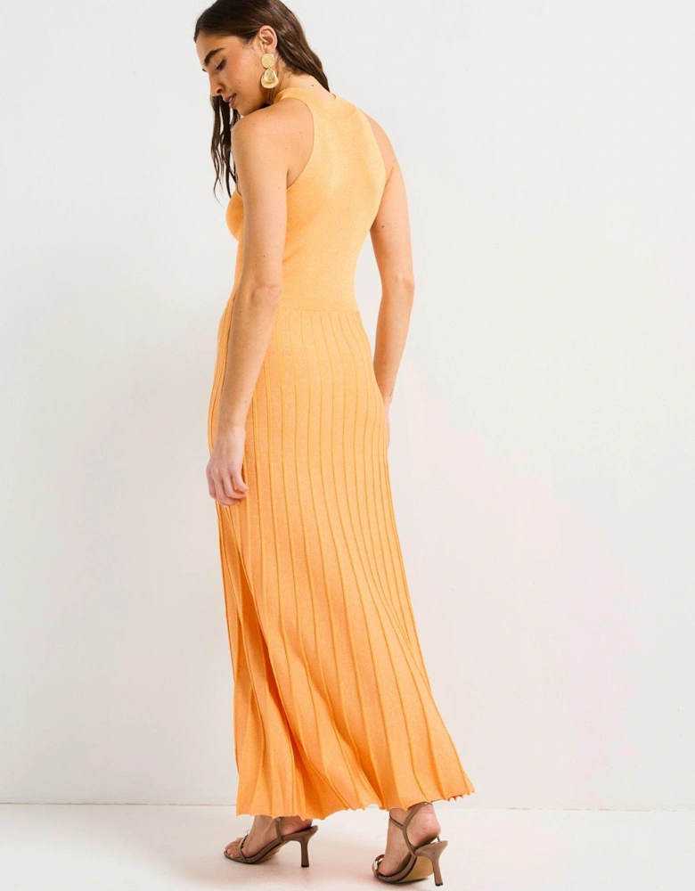 Orange Knitted Shimmer Pleat Dress - Orange