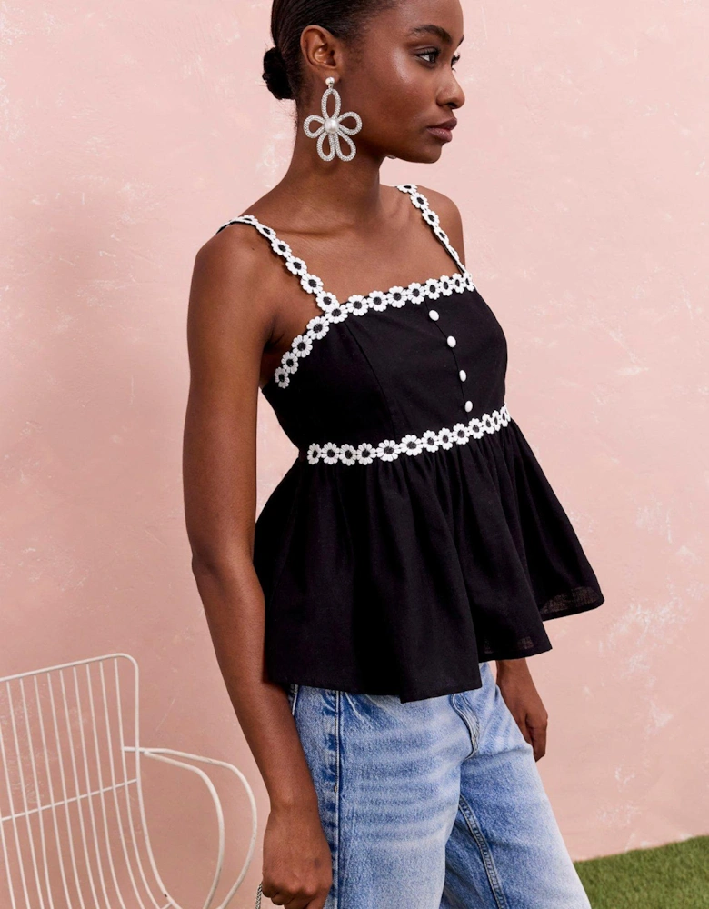 Daisy Trim Cami Top - Black