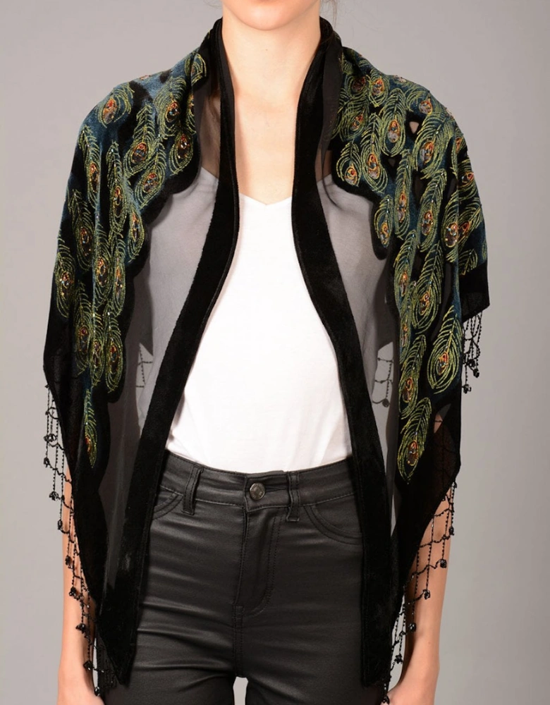 Silk Devore Hand Beaded Peacock Wrap