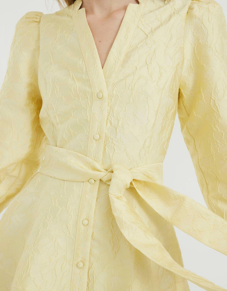 Belted Jacquard Mini Dress - Yellow