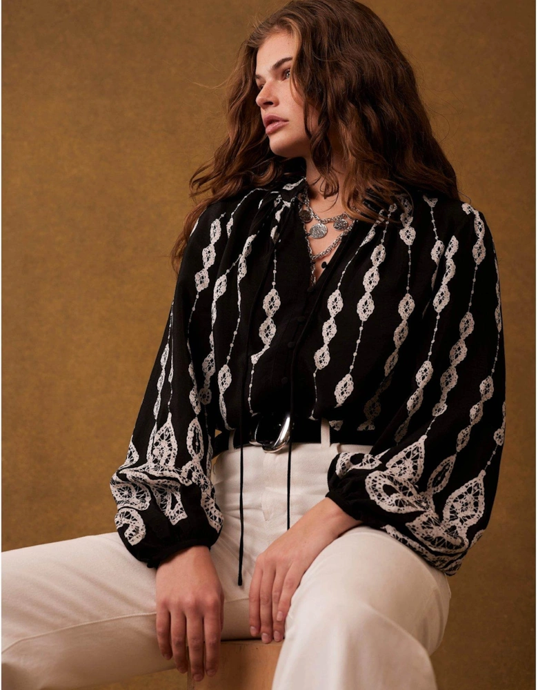 Crochet Print Blouse - Black