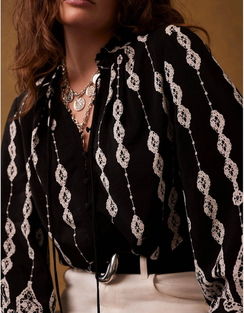 Crochet Print Blouse - Black