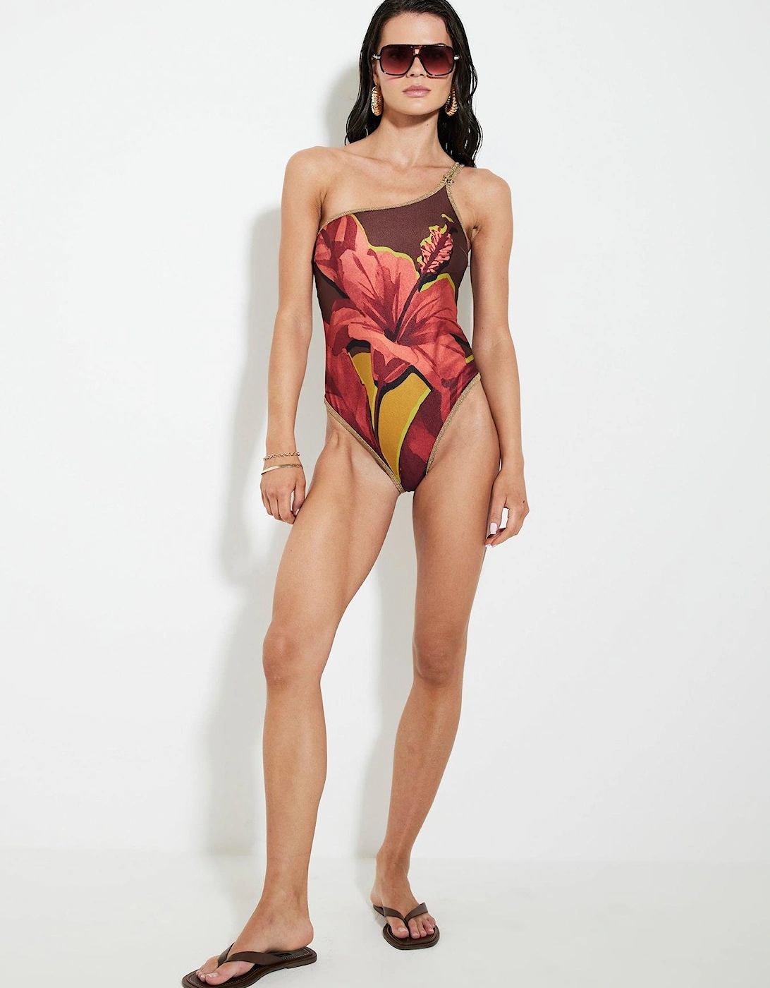 One Shoulder Flower Swimsuit - Brown