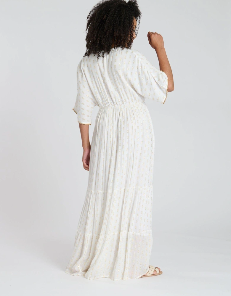 Metallic Jacquard Spot Tiered Maxi Dress - Cream