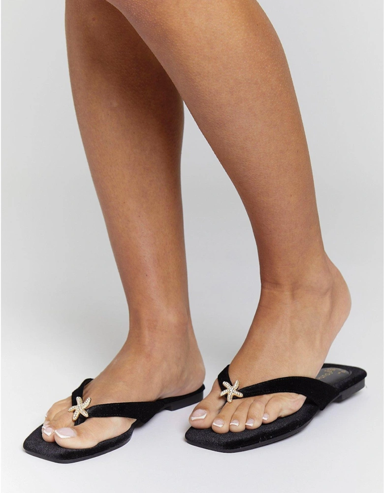 Velvet Flip Flop With Starfish - Black