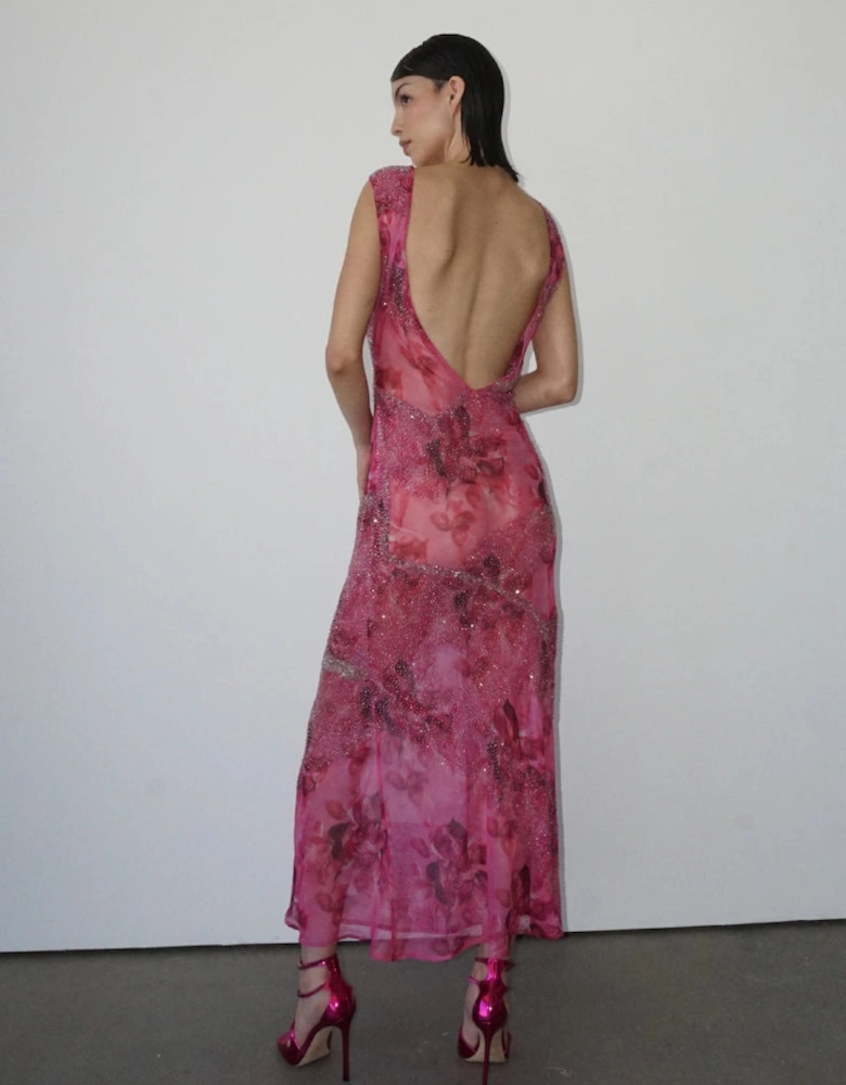 Bea Beaded Printed Chiffon Dress Pink