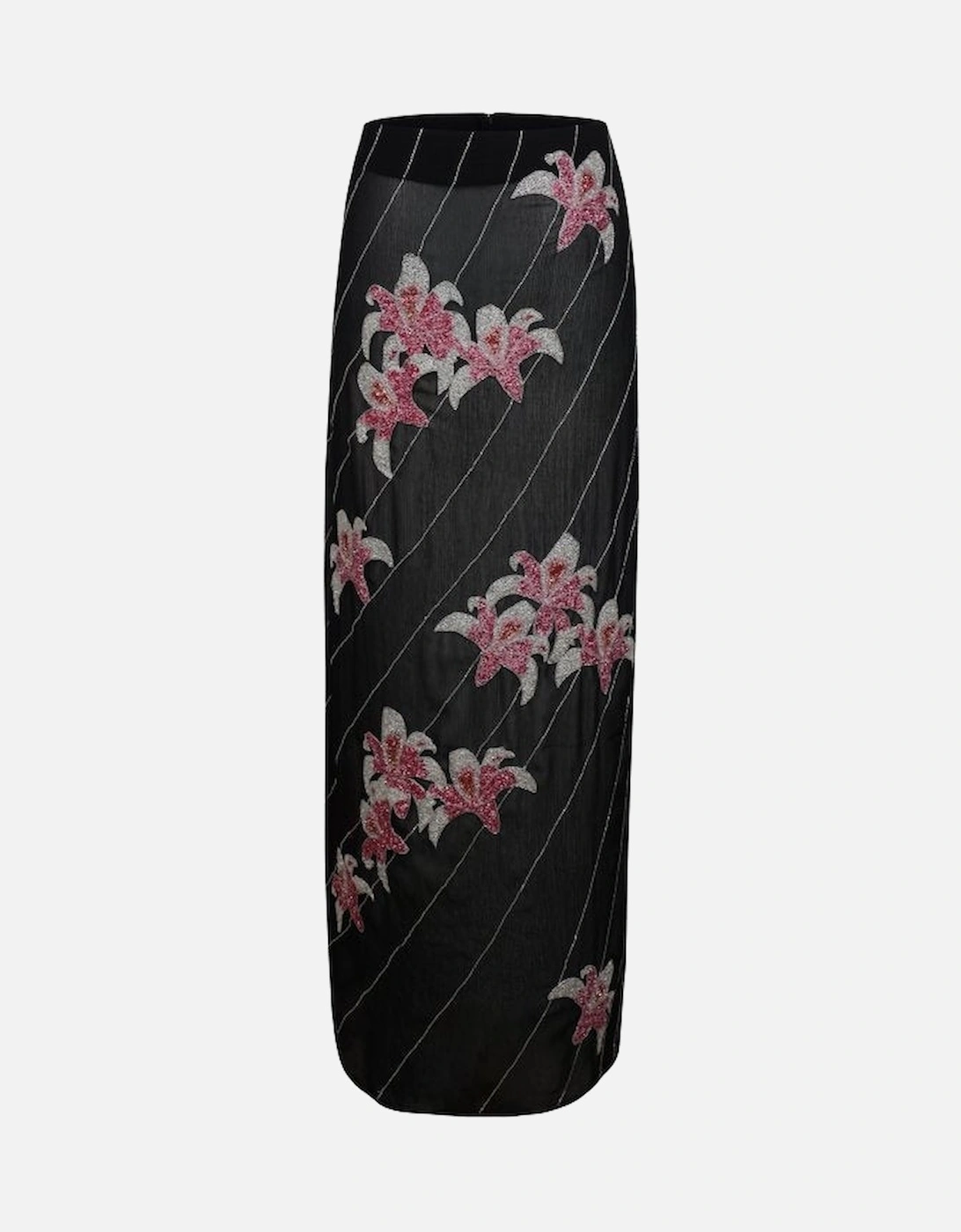 TIA Floral Embellished Georgette Black/Pink Maxi Skirt