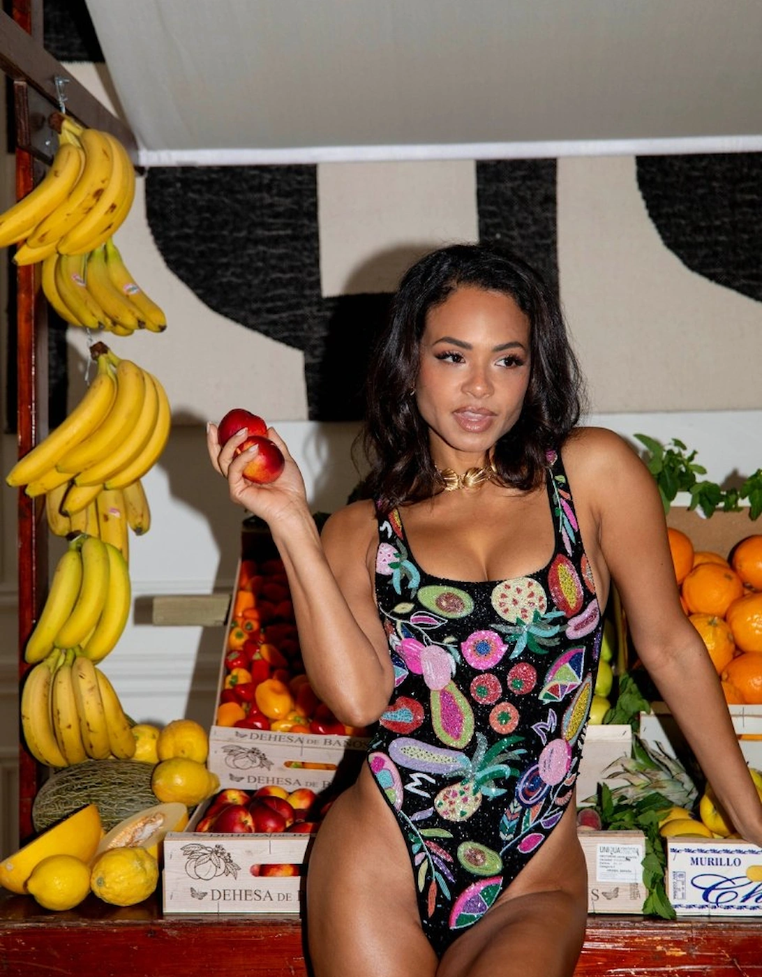 Carmensita Hand-beaded One Piece Swimsuit Black Christina Milian