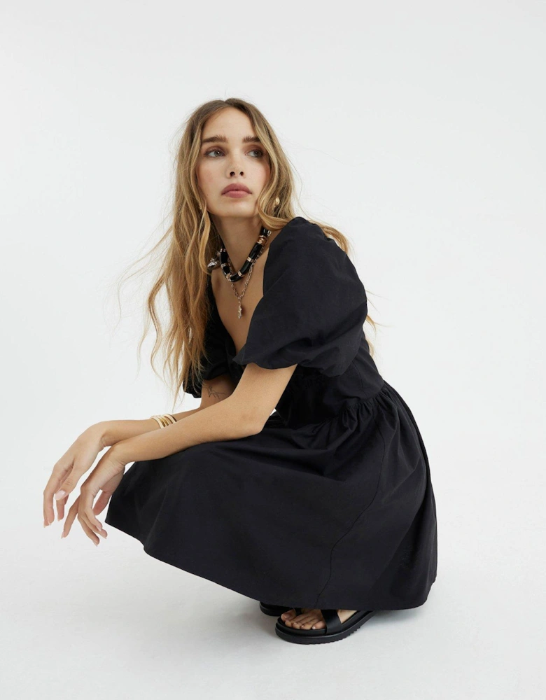 Short Sleeve Poplin Trim Detail Mini Dress - Black