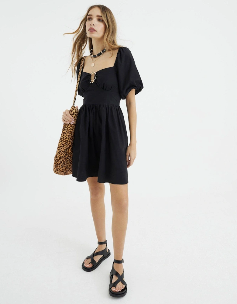 Short Sleeve Poplin Trim Detail Mini Dress - Black