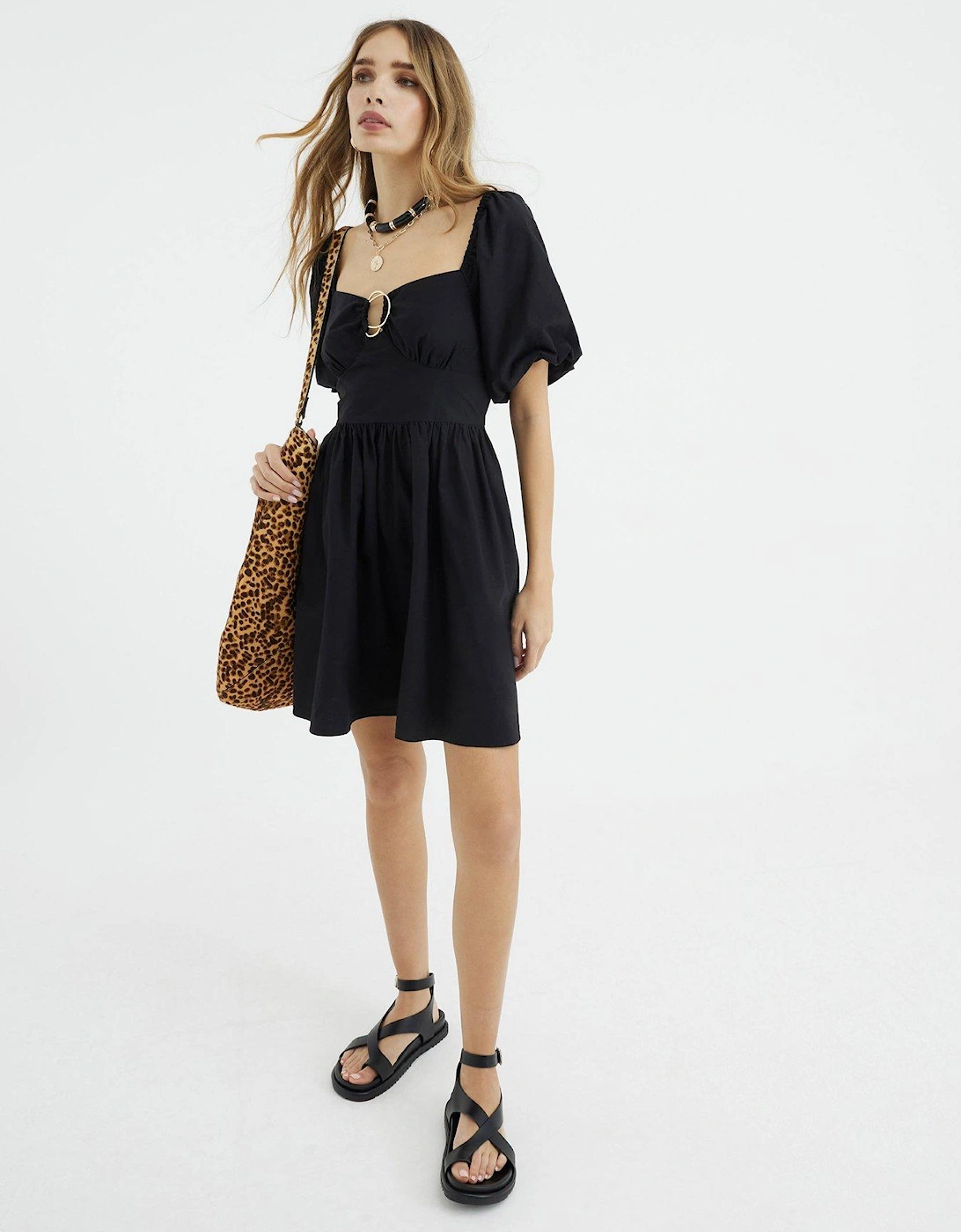 Short Sleeve Poplin Trim Detail Mini Dress - Black