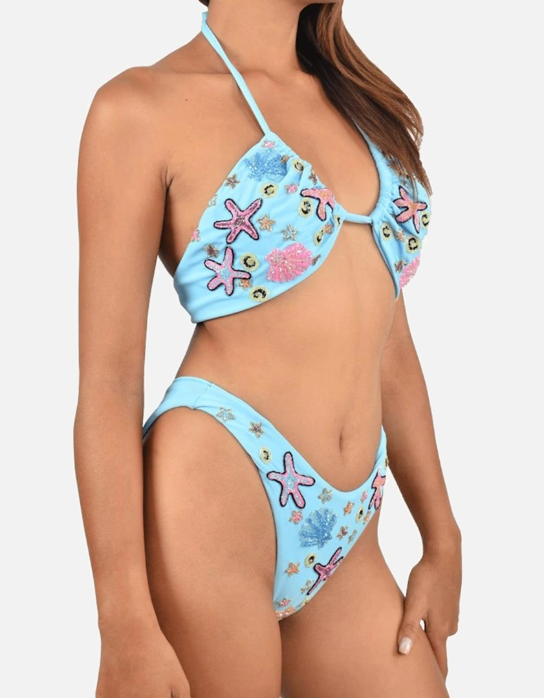 Quinn Tropical Hand Embroidered Bikini Bottoms Blue