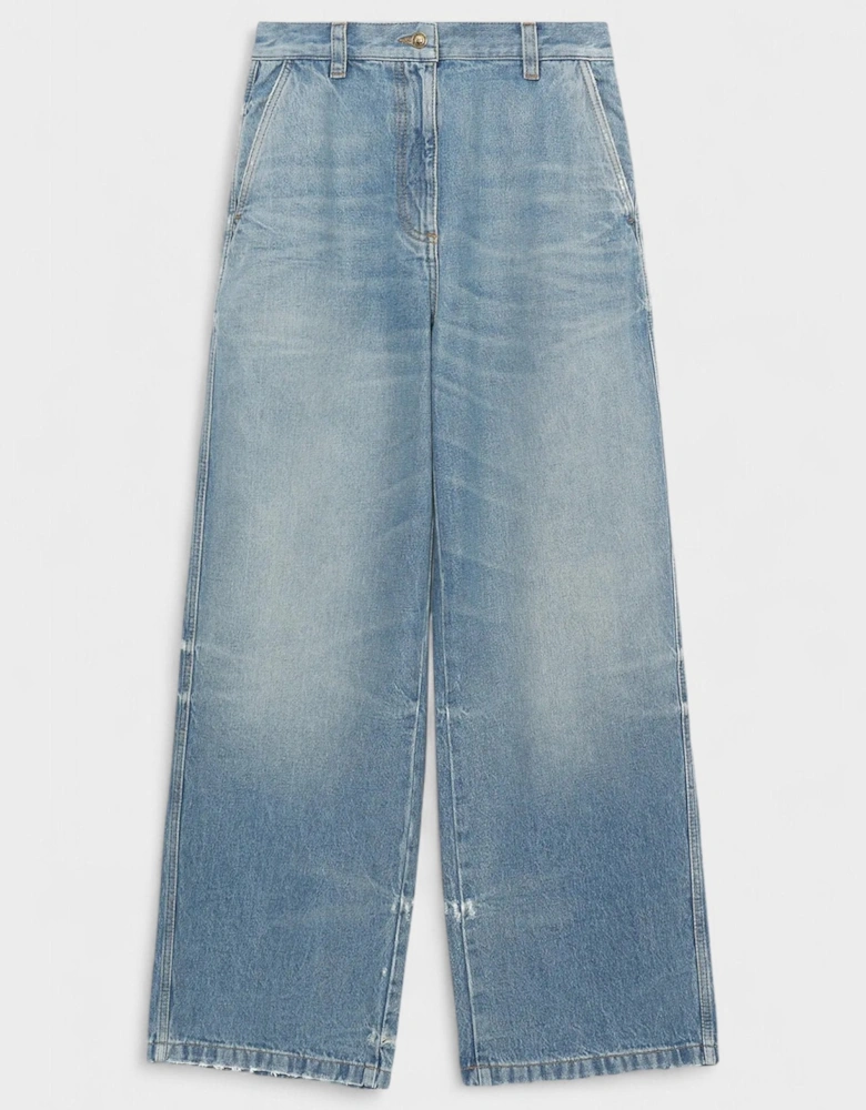 Washed Logo Wide Denim Jeans Blue