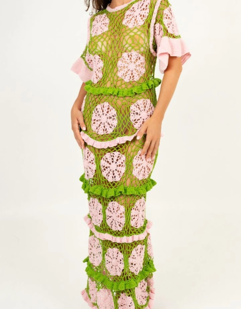 Elle Crochet Dress Green/Pink