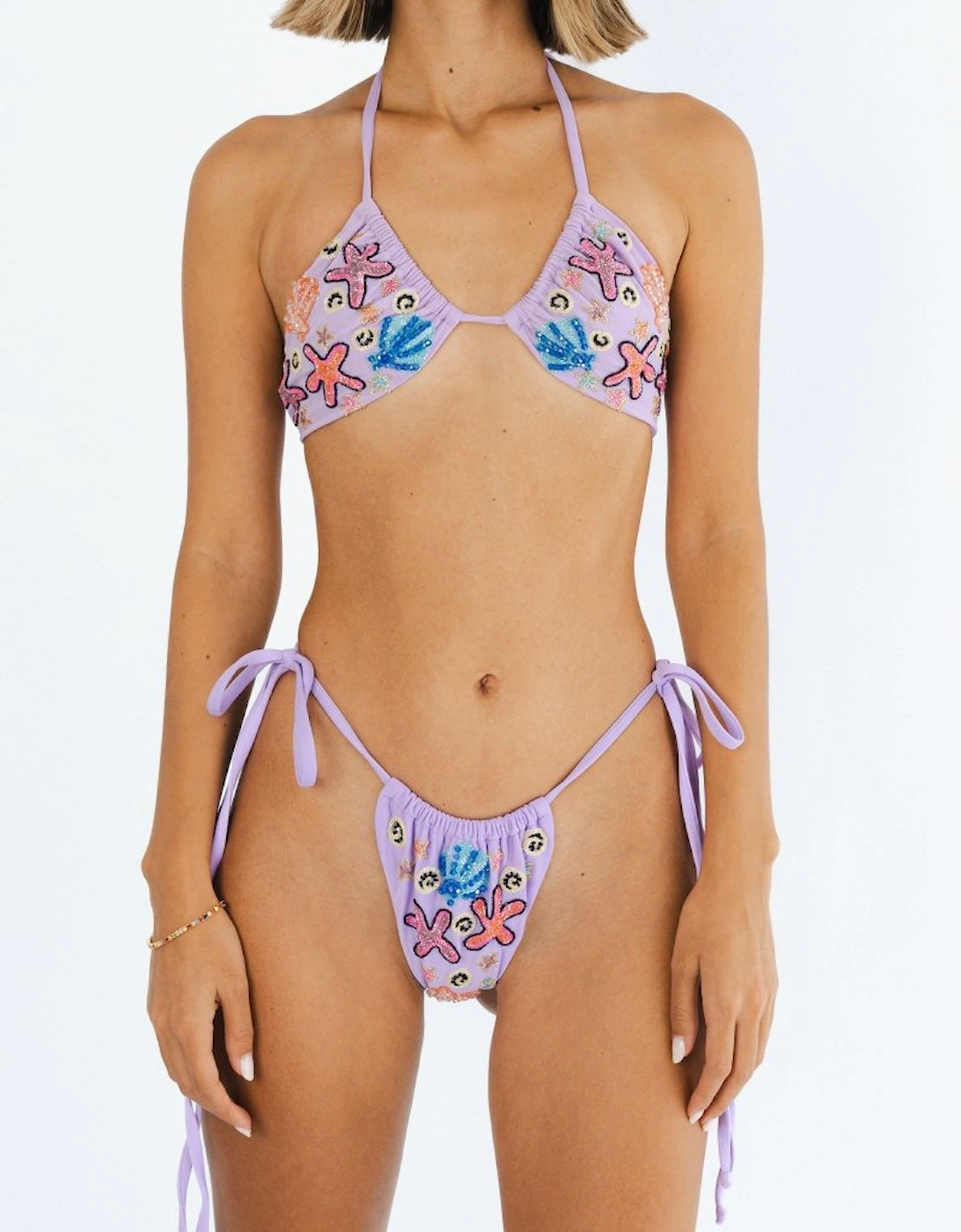 Oceanus Women's Fia Tropical Hand Embroidered Bikini Top Lilac - Purple - Size: XL