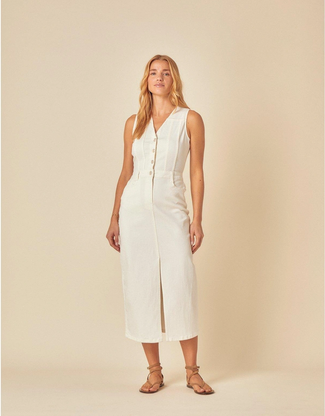 Denim Mayflower Midi Plain Dress - White