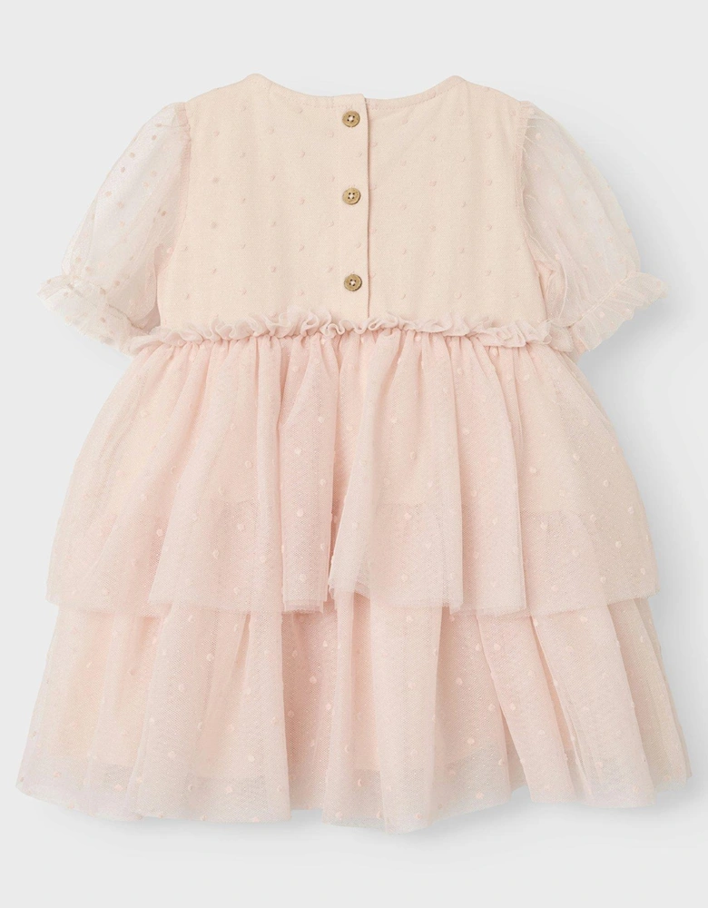 Mini Girls Tulle Layered Short Sleeve Dress - Peach Blush