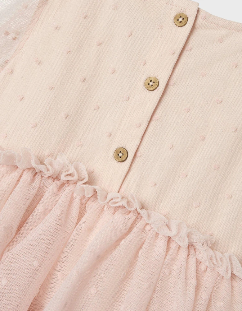 Mini Girls Tulle Layered Short Sleeve Dress - Peach Blush