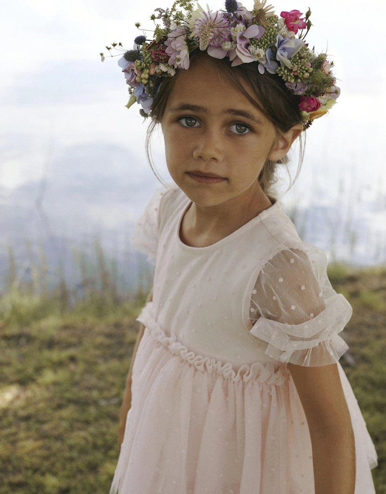 Mini Girls Tulle Layered Short Sleeve Dress - Peach Blush