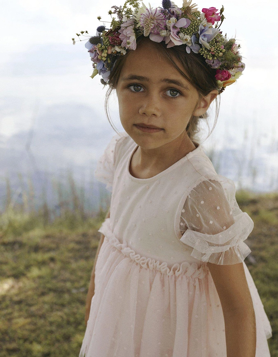 Mini Girls Tulle Layered Short Sleeve Dress - Peach Blush