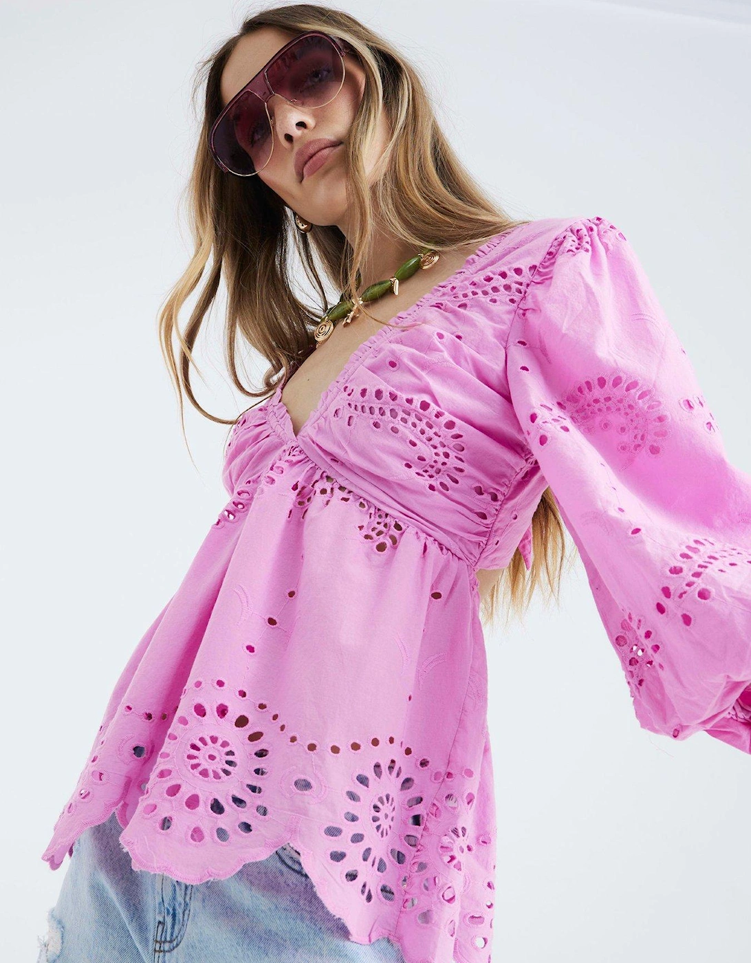 Broderie Blouse - Medium Pink