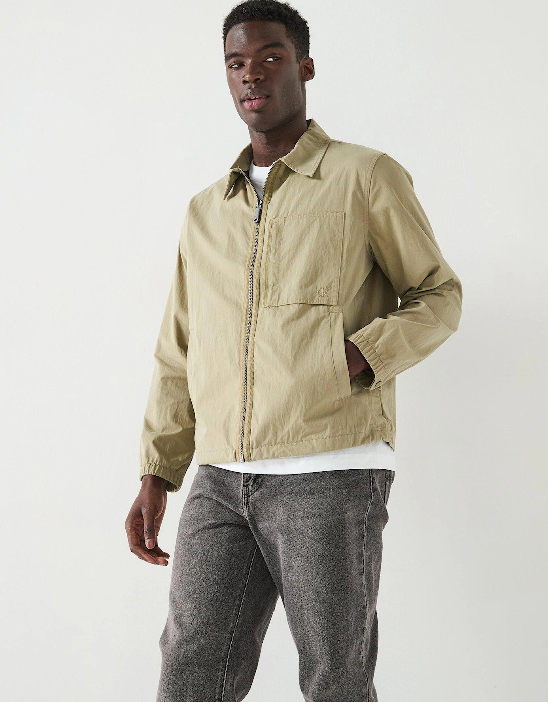 Zip Thru Cotton Overshirt Jacket - Beige