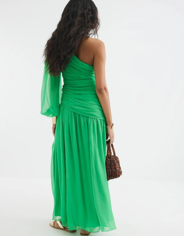 One Shoulder Plisse Midi Dress - Green
