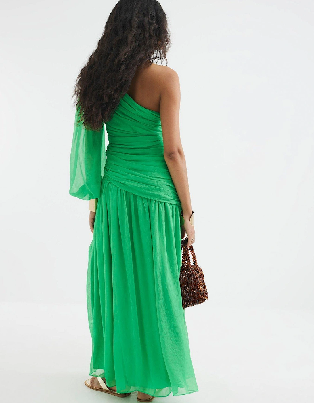 One Shoulder Plisse Midi Dress - Green