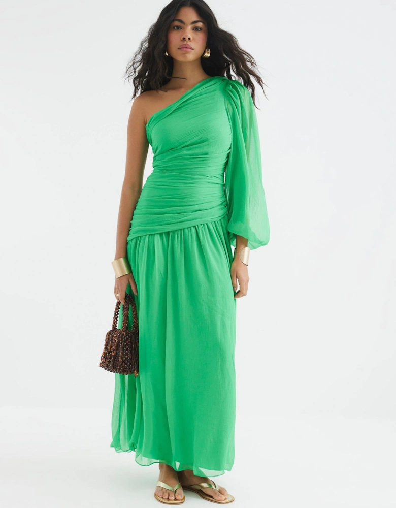 One Shoulder Plisse Midi Dress - Green