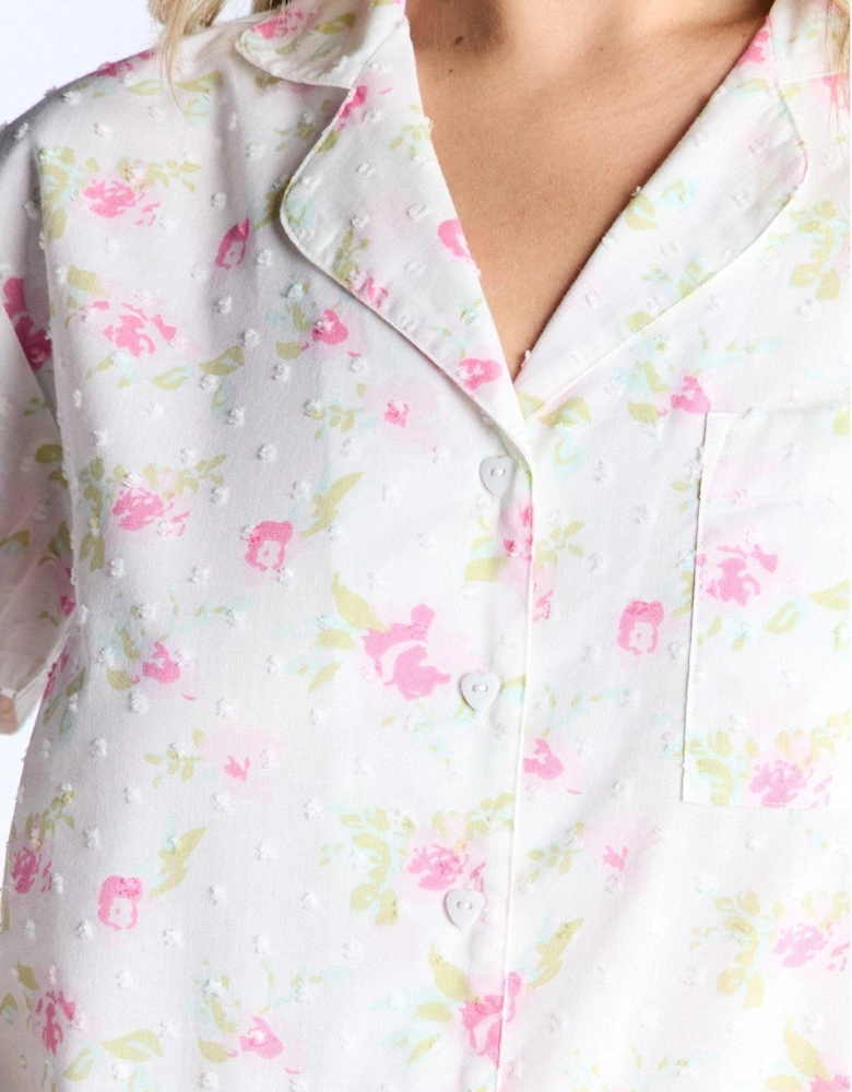 Cotton Floral Ss Revere & Short Set - Ivory Mix